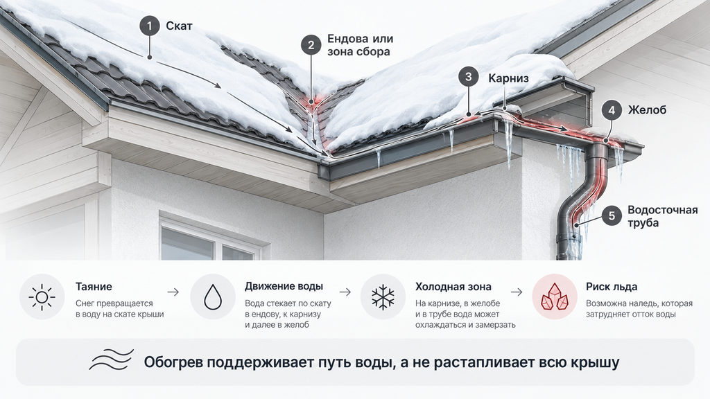 Схема маршрута талой воды в системе антиобледенения кровли и водостока